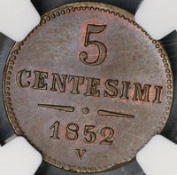 1852-V NGC MS 65 Lombardy Venetia 5 Centesimi Mint State Coin (19031101C)