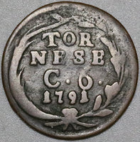 1791 Naples Sicily 1 Tornese Italy States Ferdinando IV Copper Coin (22100402R)