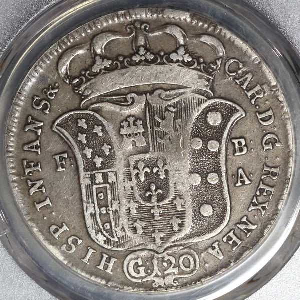 1735 PCGS VF 20 Naples 120 Grana River God Volcano Italy Silver