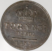 1857 NGC MS 62 Naples Sicily 10 Tornesi Italy Italian States Coin (22010701C)