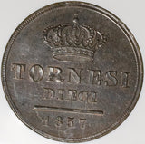 1857 NGC MS 62 Naples Sicily 10 Tornesi Italy Italian States Coin (22010701C)