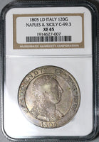 1805 NGC XF 45 Naples Sicily 120 Grana Italy Crown Silver Coin (22050902C)