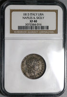 1813 NGC XF 40 Naples Sicily Murat Napoleon 1 Lira French Occupation Silver Coin (22012801C)