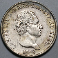 1828-P Sardinia 5 Lire AU Charles Felix Genoa Mint Italy  State Silver Coin (23122607R)