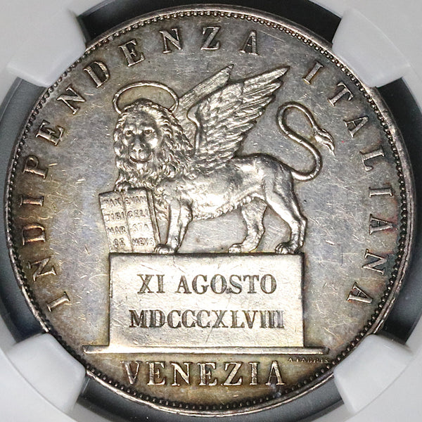1848 NGC XF 45 Venice 5 Lire Italy State Lion Revolution Provisional Silver 6k Coin (23032801C)