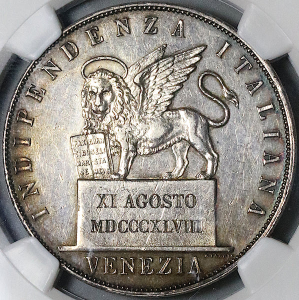 1848 NGC XF 45 Venice 5 Lire Italy State Lion Revolution