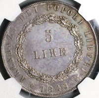 1848 NGC XF 45 Venice 5 Lire Italy State Lion Revolution Provisional Silver 6k Coin (23032801C)