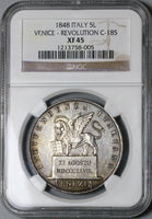 1848 NGC XF 45 Venice 5 Lire Italy State Lion Revolution Provisional Silver 6k Coin (23032801C)