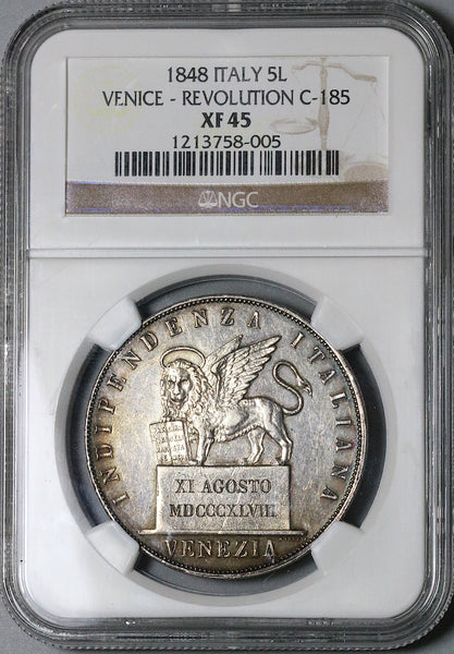 1848 NGC XF 45 Venice 5 Lire Italy State Lion Revolution