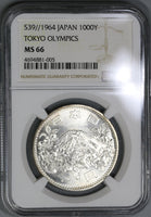 1964 NGC MS 66 Japan 1000 Yen Olympic Games Mt Fuji Silver Coin (19081803C)