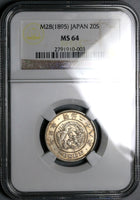 1895 NGC MS 64 Japan Silver 20 Sen Dragon M28 Silver Coin (23031703C)