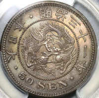 1898 NGC AU 58 Japan 50 Sen Dragon Meiji-31 Silver Coin (20111203C)
