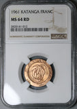 1961 NGC MS 64 RD Katanga 1 Franc Red Mint State Coin (22072001C)