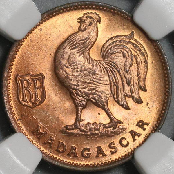 1943-SA NGC MS 65 Madagascar 50 Centimes Red France Rooster Cross Lorraine Coin (21022601C)