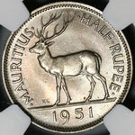 1951 NGC MS 64 Mauritius George VI 1/2 Rupee Stag Britain Empire Coin (21052302C)