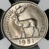 1951 NGC MS 64 Mauritius George VI 1/2 Rupee Stag Britain Empire Coin (21052302C)