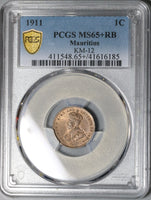 1911 PCGS MS65+ Mauritius 1 Cent George V Gem RB Coin POP 1/0 (21090306C)