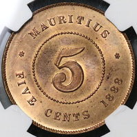 1888 NGC MS 64 RD Mauritius 5 Cents Victoria Britain Empire RED Coin POP 3/0 (21110501C)