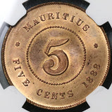 1888 NGC MS 64 RD Mauritius 5 Cents Victoria Britain Empire RED Coin POP 3/0 (21110501C)