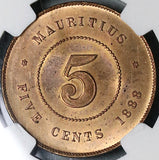 1888 NGC MS 64 RD Mauritius 5 Cents Victoria Britain Empire RED Coin POP 3/0 (21110501C)