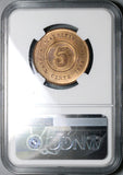 1888 NGC MS 64 RD Mauritius 5 Cents Victoria Britain Empire RED Coin POP 3/0 (21110501C)
