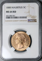 1888 NGC MS 64 RD Mauritius 5 Cents Victoria Britain Empire RED Coin POP 3/0 (21110501C)