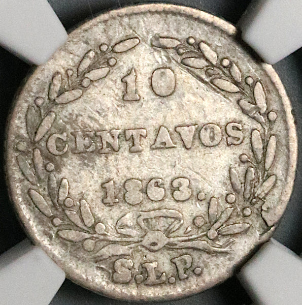 1863-SLP NGC Fine Mexico 10 Centavos San Luis Potosi Rare Silver Coin (23040801C)