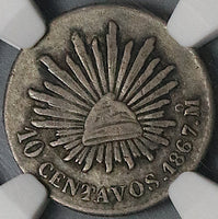 1867-Mo NGC VF 25 Mexico 10 Centavos Cap Rays Silver Coin (23041004C)
