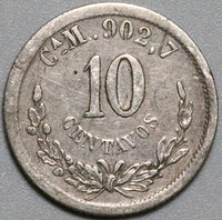 1890/80-Ca Mexico 10 Centavos Chihuahua Mint Overdate Silver Coin (23021401R)