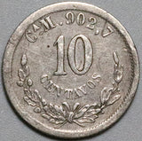 1890/80-Ca Mexico 10 Centavos Chihuahua Mint Overdate Silver Coin (23021401R)
