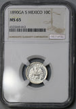 1890-Ga NGC MS 65 Mexico 10 Centavos Guadalajara Mint State Silver Coin POP 4/0 (19020403C)