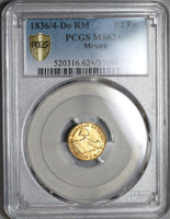 1836/4-Do PCGS MS 62+ Mexico Gold 1/2 Escudo Rare Durango Mint Coin (19091701C)