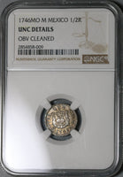 1746 NGC UNC Det Mexico 1/2 Real Philip V Spain Colony Pirate Silver Coin (21051701D)
