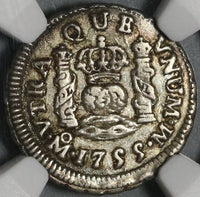 1755 NGC AU 55 Mexico 1/2 Real Ferdinand VI Spain Colony Silver Pillars & Globe Coin (21031803C)
