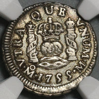 1755 NGC AU 55 Mexico 1/2 Real Ferdinand VI Spain Colony Silver Pillars & Globe Coin (21031803C)