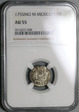 1755 NGC AU 55 Mexico 1/2 Real Ferdinand VI Spain Colony Silver Pillars & Globe Coin (21031803C)