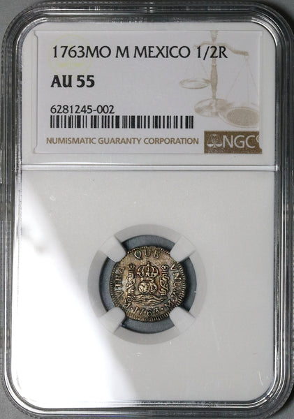 1763 NGC AU 55 Mexico 1/2 Real Charles III Spain Colony Silver