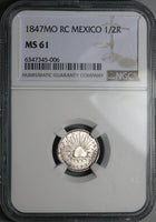 1847-Mo NGC MS 61 Mexico 1/2 Real Mint State Cap Rays Silver Coin  (23041602C)