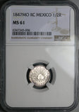 1847-Mo NGC MS 61 Mexico 1/2 Real Mint State Cap Rays Silver Coin  (23041602C)