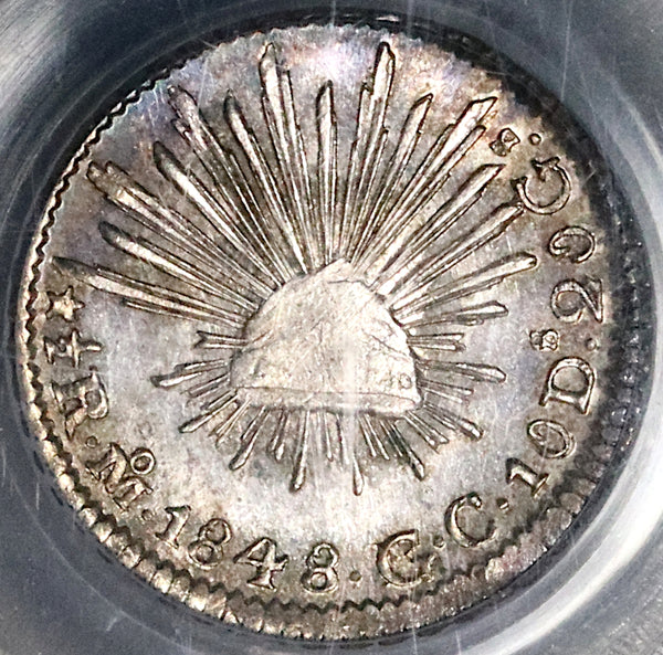 1848/7-Mo PCGS MS 64 Mexico 1/2 Real Mint State Cap Rays Silver Coin POOP 3/0 (22041401C)