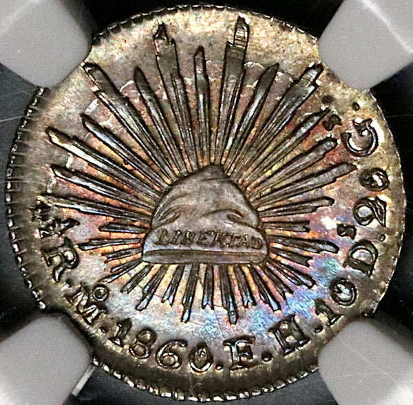 1860-Mo NGC MS 65 Mexico 1/2 Real Mint State Cap Rays Coin POP 6/2 (23013103C)