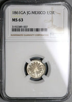 1861-Ga NGC MS 63 Mexico 1/2 Real Guadalajara Cap Rays SIlver Coin (22041402C)