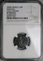 1828- NGC XF Durango Mexico State 1/8 Real Octavo Child Bow Arrow Tree Coin (22041801C)