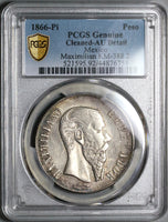 1866-Pi PCGS AU Det Mexico Peso Maximilian Rare Potosi Mint Silver Coin (22072601C)