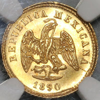1890-Go NGC MS 63+ Mexico Gold 1 Peso Coin RARE Guanajuato Mint Only 2k Minted (20021605C)
