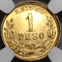 1890-Go NGC MS 63+ Mexico Gold 1 Peso Coin RARE Guanajuato Mint Only 2k Minted (20021605C)