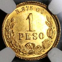 1890-Go NGC MS 63+ Mexico Gold 1 Peso Coin RARE Guanajuato Mint Only 2k Minted (20021605C)