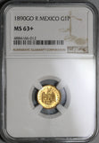1890-Go NGC MS 63+ Mexico Gold 1 Peso Coin RARE Guanajuato Mint Only 2k Minted (20021605C)