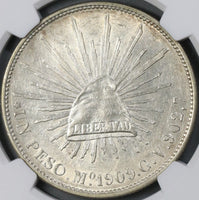 1909-Mo NGC AU 58 Mexico City Peso Cap & Rays Silver Coin (18080104C)