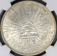 1909-Mo NGC AU 58 Mexico City Peso Cap & Rays Silver Coin (18080104C)